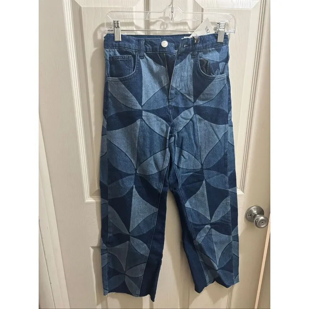 NWT Zara Kids x Sea New York Geometric Print Wide Leg Kids Patchwork Denim Jeans